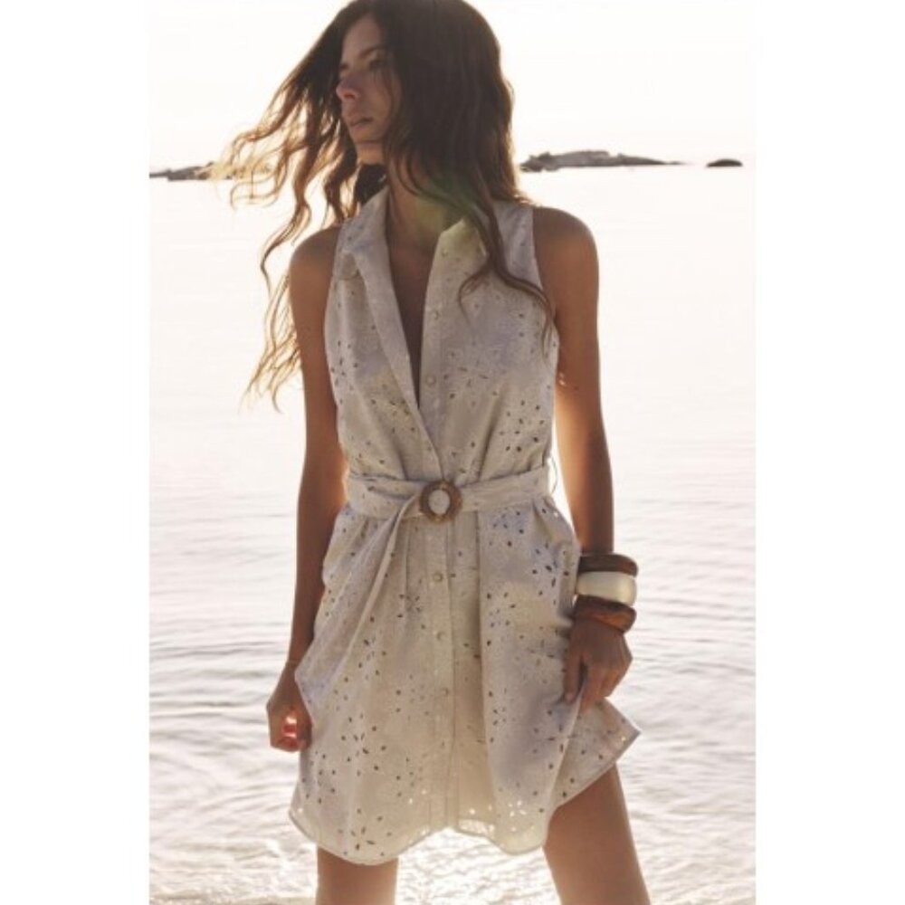 ZARA - EMBROIDERED CUTWORK SMOCK DRESS IN TAN - L